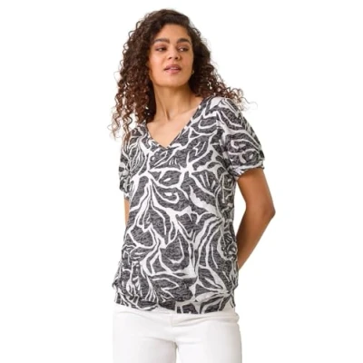 Image of Roman Originals Blouson Top for Women Ladies Stretchy Jersey Puff Sleeve Summer Smart Casual Office Work Spring Everyday Evening Vacation Holiday V Neck Floral Black Size 14