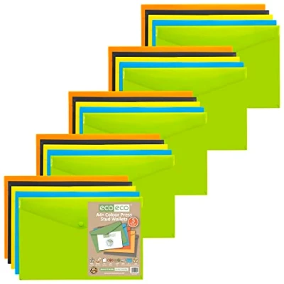 Image of eco A4+ 50% Recycled Assorted Colours Press Stud Popper Wallet, Plastic Folders (Pack of 25), Green, Black, Blue, Yellow, Orange, eco035x25