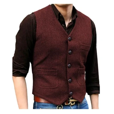 Image of Solovedress Formal Vintage Waistcoat Tweed Wool Blend Suit Vest with Real Pockets for Wedding Groomsmen(Burgundy,XXL)