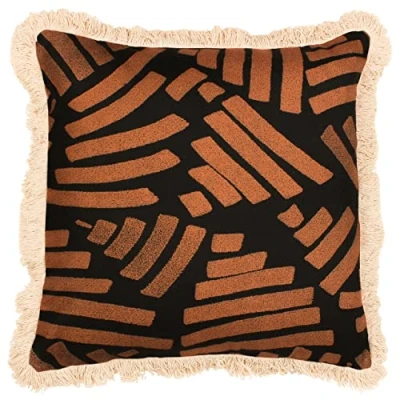 Image of Paoletti Oromo Printed Geometric Fringed Feather Filled Cushion Brown Size 45 cm x