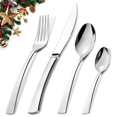 Image of Cutlery Set, BEWOS 16 Piece Stainless Steel Flatware Silverware Tableware Set with Spoon Knife and Fork Service for 4, Easy Clean/Dishwasher Safe, Mirror Polished
