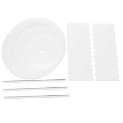 Image of Mircube Acrylic Round Cake Disk Set Discs Circle Base Boards with Center Hole 2 Comb Scrapers (4 Patterns) &amp; Dowel Rod