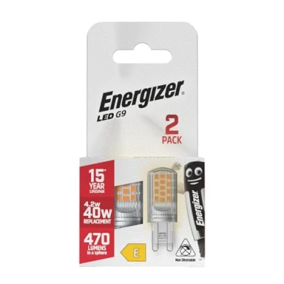 Image of Energizer G9 LED Light Bulb. 4.2W (40w Halogen Equivalent) 220 240V. 470 Lumens. Bi Pin Base Energy Saving. 2 Pack. Warm White 2700k