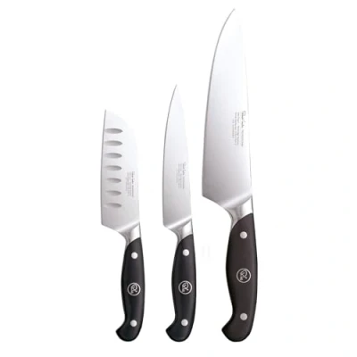 Image of Robert Welch Professional Home Chef Knife Set, 3 Piece. Crafted from German 1.4116 Stainless Steel. Santoku 12cm/4.5&quot;, Kitchen 14cm/5.5&quot;, Chef&#039;s 18cm/7.5&quot;.