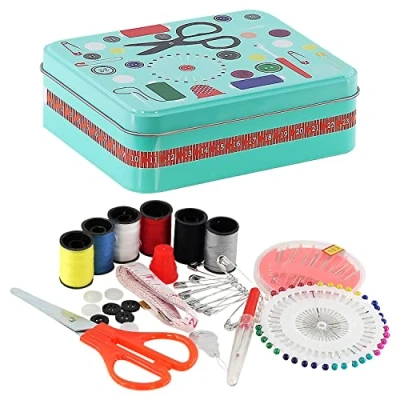 Image of Metal Sewing Box Kit with Accessories Scissors, Thimble, Needles, Pins, 1.5 m Tape Measure, Needle Threader, Stitch Unpicker, Safety Pins &amp; Buttons