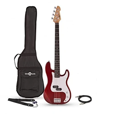 Image of Bass Guitar LA by Gear4music Red with Gig Bag and Jack Cable