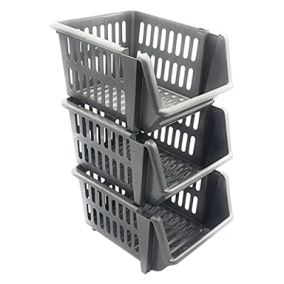 Image of Monal Silver Set of 3 Plastic Stacking Basket Multi Purpose Storage Rack Stand Stackable Shelves Large Baskets For Vegetable Fruit Food Stationary Organize Racks 18cm