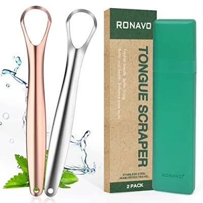 Image of RONAVO Tongue Scraper for Kids, Children, Adult, Medical Grade Stainless Steel Cleaners (Include Handy Case), Healthy Oral Hygiene, 2 Color, Pack