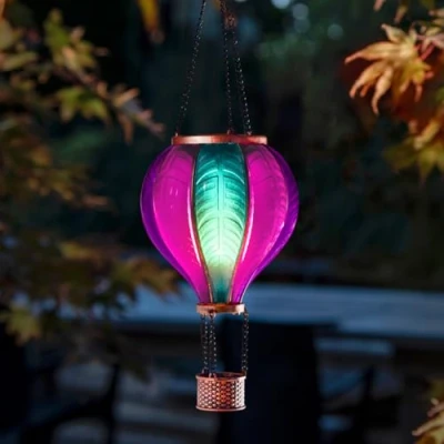 Image of Festive Lights Solar Cool Fiesta Realistic Flame Outdoor Hanging SMD LED Hot Air Balloon Lantern Aurora Stain Glass Flaming Effect Light with Handle (Aurora Lantern)