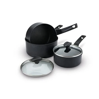 Image of Prestige 9x Tougher 3 Piece Saucepan Set Durable Cookware Superior Dimpled Non Stick Induction Suitable Dishwasher and Oven Safe Glass lids 10 Year Guarantee 16/18/20 cm