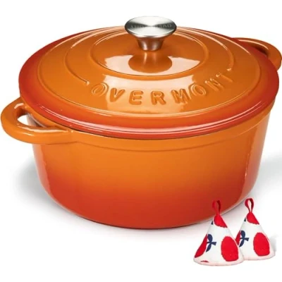 Image of Overmont 5L Enamelled Cast Iron Round Casserole Pot With Lid Cookbook &amp; Cotton Potholders Non stick Dutch Oven Cookware for Braising, Stews, Roasting, Bread Baking Orange, 26cm