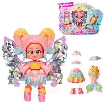 Image of KOOKYLOOS FAIRYTALE MIX &amp; MATCH RAINBOW 3 in 1 fantasy themed doll. Contains doll, princess outfit, mermaid outfit and fairy outfit.