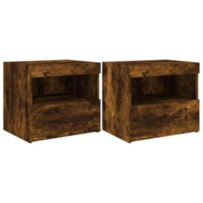 Image of vidaXL Bedside Cabinets in Smoked Oak with LED lights Pair of Modern Side Tables Brown Rectangular Nightstands Ample Storage Space