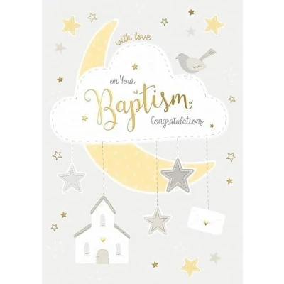 Image of Carte Blanche Baptism Congratulations Card Church and Crescent Moon with Embossed, Foil Details Eco Friendly