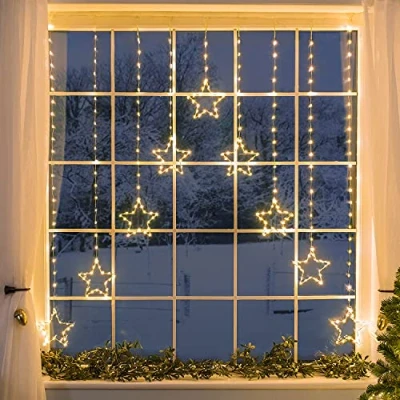 Image of Christow Christmas Curtain Lights for Windows, 9 Star String Light Decoration, 325 Warm White Micro LEDs, Indoor Outdoor Home Garden Xmas Lighting, Mains Powered with 5m Cable (H1.2m x W1.2m)