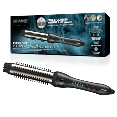 Image of REVAMP Volume and Wave Ceramic Hot Brush Styler 32 mm Round Barrel Hair Brush, Ionic, Progloss Oils, Long Lasting Bounce Fast Heat, Retractable Cool Bristles, Snag Free Styling