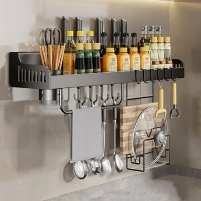 Image of Hovoto Spice Rack Wall Mounted, Kitchen Utensil Storage Organizer Shelf, seasoning rack, Hanging Racks With knife slot, 6 hooks, mugs, Towel sacrifice holder, gray, 50cm