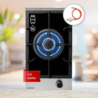 Image of Klarstein Gas Cooker, 1 Burners Hob, 3.4 kW Built In One Ring Electric Campervan Cooktops Cookers, Stainless Steel Glass Top Wok Burner, Kitchen Stoves Cooker Units