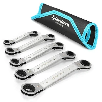 Image of DURATECH Offset Ring Ratchet Spanner Set, Reversible Double 25 Degree Box end Wrench Crooked for Narrow Spaces, 5 Piece, Metric, 6mm 21mm, with Carry Pouch