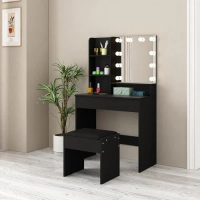 Image of Ikewaier Dressing Table, LED Lights with Adjustable Brightness, Vanity Table Mirror and Stool, 2 Drawers 4 Compartments, Makeup Modern, Black
