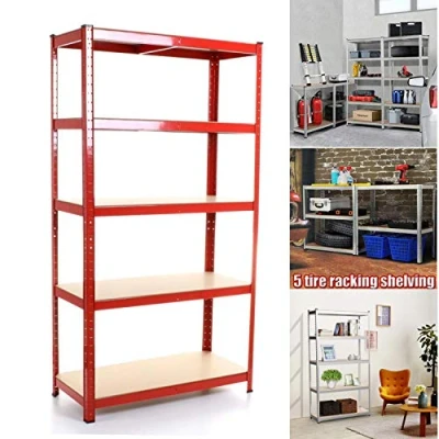 Image of 5 Tier Shelving Unit for Garage and Shed Freestanding Industrial Metal Shelf, Boltless Steel &amp; MDF Shelves, 875KG Capacity Extra Deep Storage Racking Unit, 150x70x30cm, Red