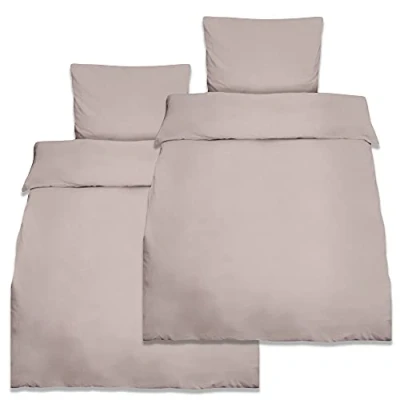 Image of Beautissu Double Bedding Set 155x220 cm Julie 2 Duvet Cover Pillowcases and Blanket Covers 100% Cotton for Bed Taupe