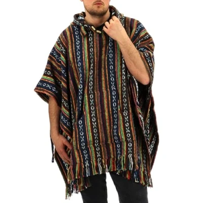 Image of LOUDelephant 100% Woven Gheri Cotton Mexican Style Hooded Poncho Brown, Green &amp; Navy