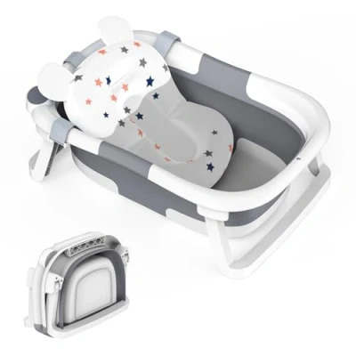 Image of Foldable Baby Bath tub,Collapsible Toddler Bathtub with Baths Support Cushion Pad Seat Mat,Baby Newborn to 0 24 Months,Baby Essentials for Portable Travel Tub