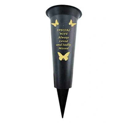 Image of In Loving Memory Verse Graveside Memorial Grave Spiked Flower Vase (Wife, Black &amp; Gold)