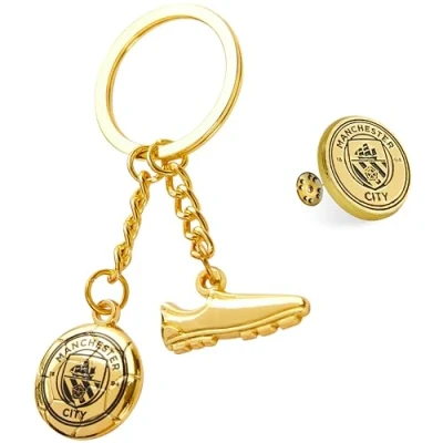 Image of MANCHESTER City F.C. Keyring and Pin Badge Gift Set, Supporters Gear Man Gifts