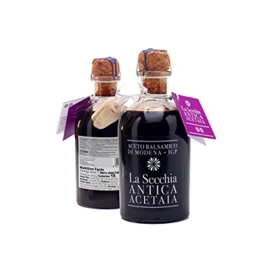 Image of La Secchia Balsamic vinegar from Modena &quot;Two Stars&quot;. Ripened in 8 oak barrels. Medium Low density. 250 ml bottle with cork dosing cap.