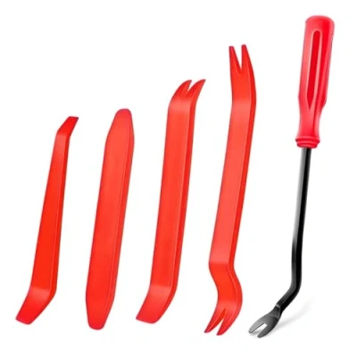 Image of 5 Pcs Trim Removal Tools, Pry Car Tool Kit, Panel Door Audio Radio Stereo Auto Clip Fastener Remover Set, Red