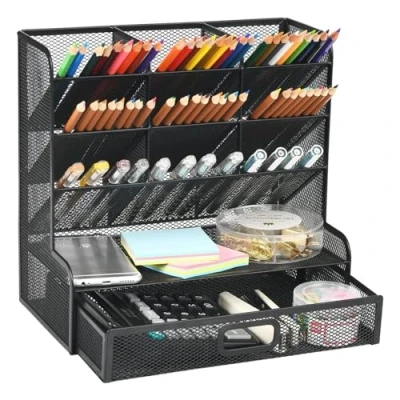 Image of Marbrasse Mesh Desk Organiser, Multi Functional Pen Holder, Organiser for Desk, Desktop Stationary Storage Rack School Home Office Art Supplies (Balck Holder with Drawer)