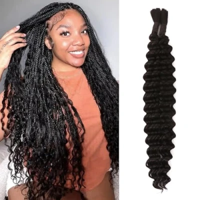 Image of Boho Braids Human Hair Extensions 100g 2 Bundles No Weft Braiding For Knotless Wet and Wavy Deep Wave Bulk Women (1B#, 22 Inch(50g/Bundle x2))