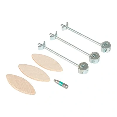 Image of Trend ZIPBOLT Compact Laminate Worktop Connector Kit, 12 15mm Thickness, Zinc Plated Steel, Includes T25 Torx Bit &amp; No.20 Biscuits, ZIP/20/100/3