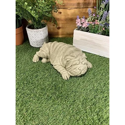 Image of J and L STONE Ornaments GARDEN LAYING SHAR PEI PUG DOG DETAILED CONCRETE ORNAMENT