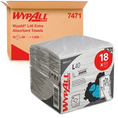 Image of WypAll L40 Extra Absorbent Towels 7471 Disposable Cloths 18 Packs x 56 Quarter Fold White (1,008 Paper Wipers Total)