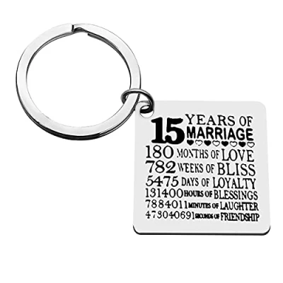 Image of 15th Anniversary Present for Couple Husband Wife 15 Years Wedding Keychain Happy Keyring Women Men Fifteen Marriage Gift Her Him Keepsake
