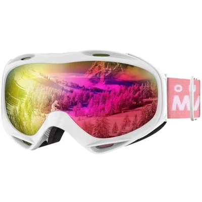 Image of OutdoorMaster OTG Ski Goggles Over Glasses Ski/Snowboard for Men, Women &amp; Youth 100% UV Protection (White Frame + VLT 13% Pink Lens with Full REVO Pink)