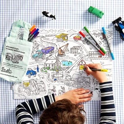 Image of eatsleepdoodle Colouring Placemat for Kids w/ 10pk Washable Markers 33x47cm Cars, Trucks &amp; Tractors Ultra Reusable Arts and Crafts