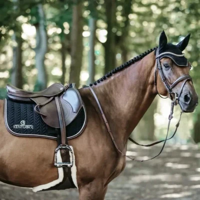 Image of Kentucky Horsewear Leather Fish Bone Jumping Saddle Pad Black Horse Riding Equestrian