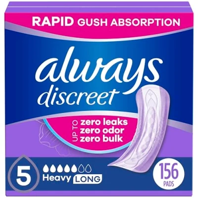 Image of Always Discreet Adult Incontinence Pads for Women, Heavy Absorbency, Long Length, Postpartum Pads, 156 CT