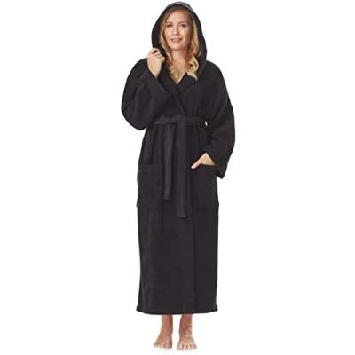 Image of Women`s bathrobe with hood, Astra, calf length or ankle length, 100% cotton terry towelling black Size: Women M Long (Unisex S Long)