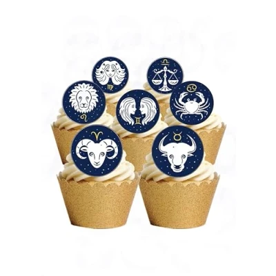 Image of 24 Precut Round Star Signs Horoscope Edible Wafer paper Cake Cupcake Toppers