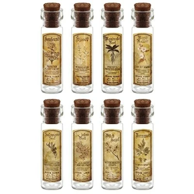 Image of MyTinyWorld Dolls House Apothecary Long Herb Sepia Label And Bottle Set 5