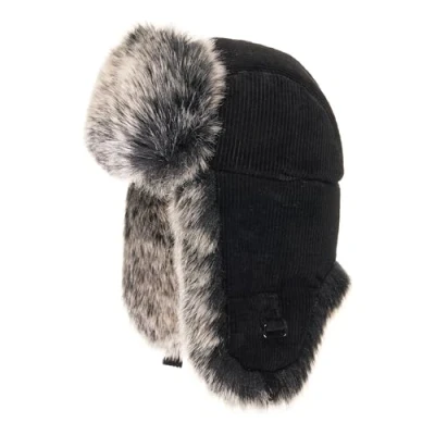 Image of Futrzane Corduroy Trapper Hat Mens Winter Hats with Ear Flaps Russian (One Size, Black Grey Siberian)