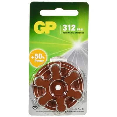 Image of GP ZA312 (PR41) Brown Zinc Air Hearing Aid Batteries 6 Pack