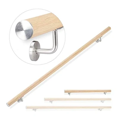 Image of Relaxdays Aluminium Handrail, Round, in &amp; Outdoor Use, Beech Look, Bannister, 100 cm, Ø 42mm, with Brackets, 90% 10% Stainless Steel, Natural, 12 x 8 cm