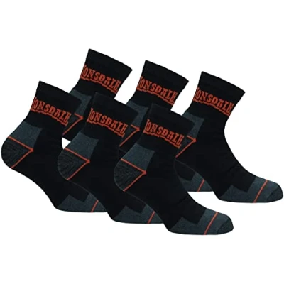 Image of Lonsdale 6 Pairs Quarter Work Socks Above Ankle Length Heel Toe Reinforcement Terry Cotton (Black, 8)