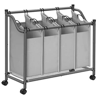 Image of SONGMICS Rolling Laundry Sorter, Basket with 4 Removable Bags, Hamper, Trolley, for Room, Bedroom, Bathroom, x 35L, Grey LSF005GS